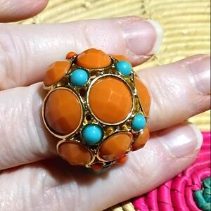 VTG Elastic Band Ring Cocktail Costume Jewelry Orange & Green Gems